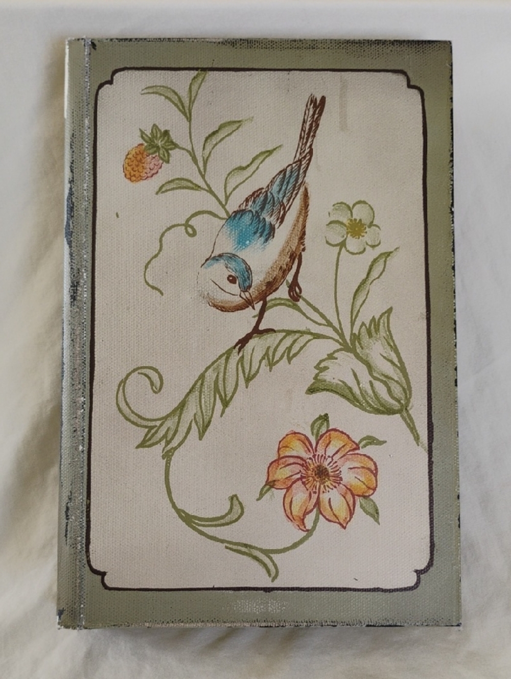 Hand-Painted Bird & Floral Decorative Box in Soft Blue and Green Vintage Look